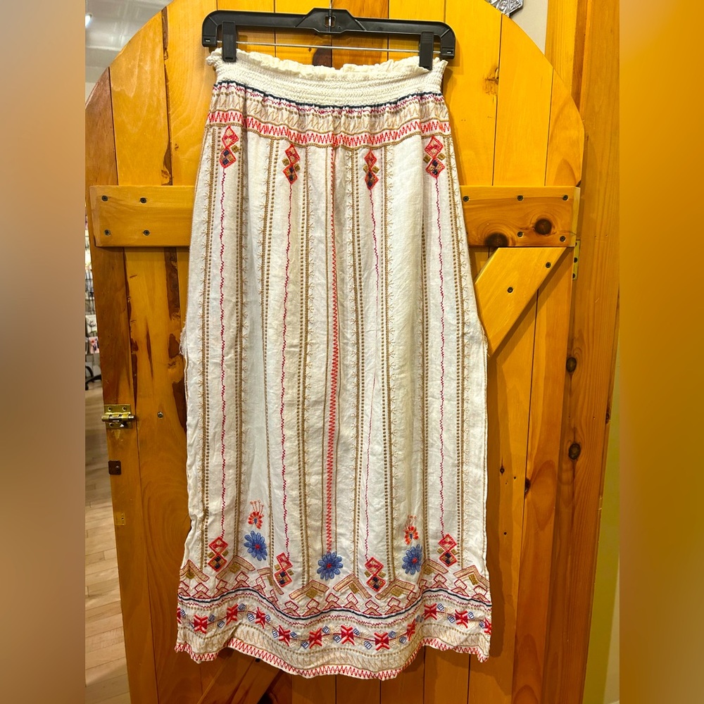 Johnny Was Linen Embroidered Maxi Skirt with side slits
